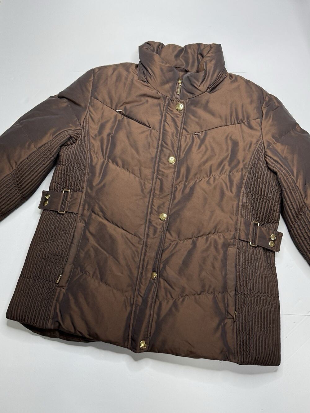 Gallery Womens XL Brown Puffer Coat Gold Buttons Ruched Y2K Winter Jacket